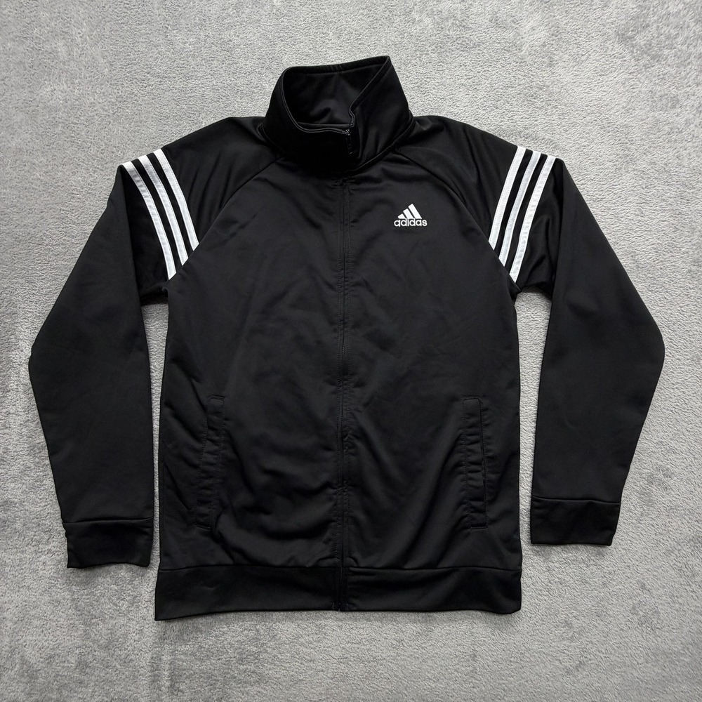 Adidas Jacket Youth Large 14-16 Black 3 Stripe Track Full‎ Zip Athletic Logo